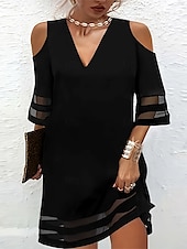 preiswerte schwarzes Minikleid-Damen Midikleid Shiftkleid Sommerkleid Lässig Kalter Schulter-Ärmel Ausgestellter Ärmel Normale Passform Einfarbig Einfach Ärmellos Rundhalsausschnitt Schwarz Sommer Frühling