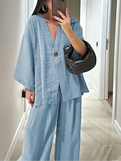 abordables Ensembles chemisiers pour femmes-Femmes Quotidien Basique Ensembles de Pantalons manche longue Col en V Uni Occasionnel Quotidien Noir bleu marine Fuchsia Été énorme