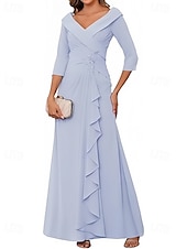 billiga Bröllopsgästklänningar-A-Linje Bröllopsgäst Klänningar Elegant Klänning Bröllopsgäst Förlovning Golvlängd 3/4 Längd Ärmar V-ringad Chiffong med Fållar Ruched Pärla