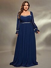 preiswerte BLAU-A-Linie Abendkleid Elegant Kleid Formell Hochzeit Bodenlang Langarm Quadrathals Chiffon mit Falten 2025
