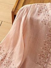 billige Skjorter-Dame Skjorter i bomullslin Helfarge Grunnleggende Fritid 3/4 ermer Crew-hals Vanlige topper Daglig Broderi Knapper Rosa Blå Aprikos Sommer