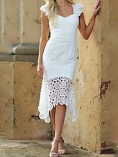 economico Abiti in pizzo bianco-Per donna Abito Midi Abito Bianco Abito in Pizzo Moda Moderno All&#039;aperto Vacanza Ferie Vestibilità regolare Semplice Senza Maniche Scollo a V Bianco Estate