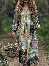economico Abiti da vacanza-Per donna Abito maxi Abito a trapezio Vacanza Casual Boho Uscire Spiaggia Vestibilità comoda Floreale Grafico Geometrico Manica Lunga Scollo a V Rosa Blu Arancione Verde Primavera Autunno