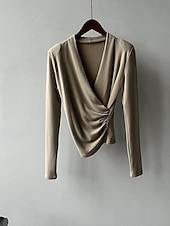 abordables Hauts Unis pour Femmes-Femmes Chemisier Uni Moderne Occasionnel manche longue Col en V Hauts Réguliers Quotidien Fête Froncé Noir Blanche Marron clair Automne