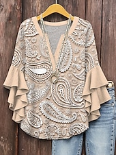 billige Kvinne Boho Topper-Dame Bluse Grafisk Paisly Daglig Stilfull Fritid 3/4 ermer V-hals Vanlige topper Daglig Ferie Ferieklær Trykt mønster Blå Lilla Grønn Kakifarget Sommer Vår