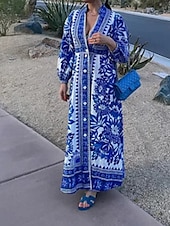 ieftine Rochii Boho-Pentru femei Rochie Lunga Rochie Maxi Rochie imprimata Modă Modern Manșon de lanternă În aer liber Vacanță Ieșire Fit regulat Floare Manșon Lung În V Albastru piscină Trifoi Toamnă