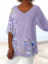 billige Blomstrete topper-Dame Bluse Blomstret Grafisk Blad Hawaiisk Stilfull Fritid 3/4 ermer V-hals Vanlige topper Daglig Ferie Ut på byen Trykt mønster Asymetrisk kant Lysegrønn Lilla Lyseblå Sommer Vår Høst