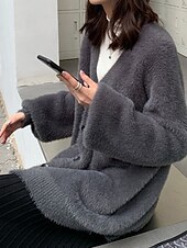 abordables Cardigans et vêtements d&#039;extérieur-Femmes Pull Cardigan Mode Couleur Unie Côtelé Col en V Tricoté manche longue Hauts Réguliers Tricoter Fête Sortir Week-end Noir Gris foncé Hiver