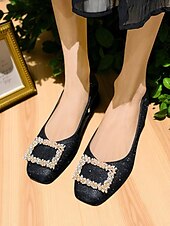Недорогие Block Heels-женские бежевые туфли на плоской подошве с квадратным носком и жемчужной пряжкой, туфли из искусственной ткани на низком каблуке для элегантных повседневных образов и ежедневных свиданий