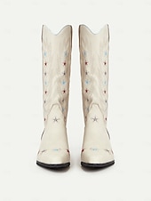 levne Cowboy &amp; Western Boots-Dámské krémové kovbojské boty ve westernovém stylu s barevnou výšivkou hvězd – retro rodeo boty do půli lýtek na country koncerty, festivaly a american outfity