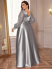 abordables VERT-Robe A-Line Grande Taille Élégante Robe Courbe De Mariage Formelle Longue Au Sol Manches Longues Col en V En Polyester Avec Plis 2025