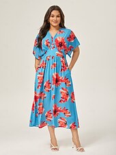 abordables Robes fleuries élégantes-robe midi élégante à fleurs bleues et col en V pour l&#039;été