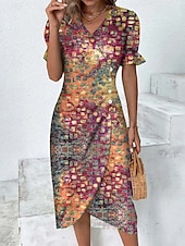 abordables Robe Rayée et Géométrique-Femmes Robe Midi Robe fourreau Robe Portefeuille Occasionnel Quotidien Fête Coupe Ample Graphique Géométrique Manche Courte Col en V Bleu Fuchsia Orange Bleu de minuit Été Printemps