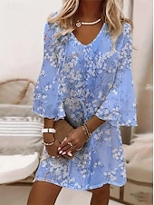 abordables Robes fleuries-Femmes Mini Robe Robe d&#039;Été Robe trapèze Boho Soirée Coupe régulière Fleuri Graphique Manche 3/4 Col en V Rose Claire Vert Claire Gris foncé Bleu Ciel Été Printemps
