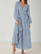 baratos Comprimento do chão-Linha A Vestido Para Mãe dos Noivos Formal Convidado do casamento Elegante Simples Minimalista Decote V Longo Chiffon Renda Manga Longa com Franzido Babados em Cascata 2025