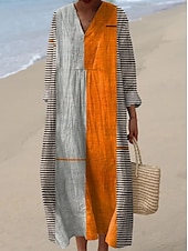 billiga Randiga och geometriska klänningar-Dam Midiklänning Solklänning A linjeklänning Semester Ledigt Boho Utekväll Strand Lös passning Grafisk Geometrisk Rand Långärmad V-hals Svart Orange Grön Ljusgrå Sommar Vår
