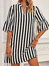 ieftine Rochie cu dungi și geometrică-Pentru femei Rochie Mini Rochie A line Rochie de vară Casual Zilnic Fit regulat Dungi Lungime Manșon 3/4 Gât crestat Negru Vară