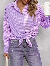 economico Giacche per camicie-Per donna Camicia Blusa Plaid Moderno Casual Manica Lunga Colletto a Camicia Top Regolari Quotidiano Uscire Tasca Bottoni Viola Marrone Autunno
