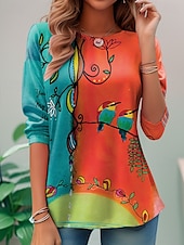 tanie koszulka w kwiaty-damska koszulka t-shirt casual print długi rękaw regular top okrągły dekolt codzienny biały niebieski fioletowy khaki wiosna jesień