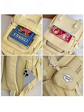 tanie Plecaki dla dzieci i nastolatków-dziewczęcy plecak szkolny w kolorze makaroników - wodoodporny, o dużej pojemności, z ozdobnymi szpilkami, brelokiem w kształcie pluszowego misia i wieloma kieszeniami, odpowiedni dla nastoletnich uczennic i do codziennego użytku na uczelni