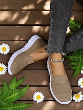 billige Sneakers til kvinner-Grå flyknit slip-on-sneakers til dame – hverdagssko for turgåing, ærender og fritid i parken