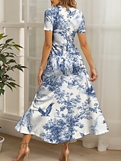 preiswerte Blumenkleider-Damen Maxikleid Freizeitkleid A Linie Kleid Sommerkleid Elegant Urlaub Lässig Normale Passform Grafik Blatt Vogel Kurzarm Quadrathals Rundausschnitt Schwarz und Weiß Gelb Rote Blau Sommer Herbst