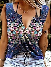 tanie kwiatowy top na ramiączkach-Damskie Top z ramiączkami Kwiaty Graficzny Elegancki Codzienny Bez rękawów W serek Zwykłe topy Rumiany róż Niebieski Fioletowy Lato Wiosna