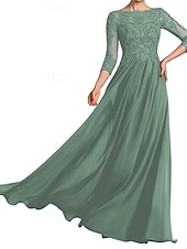economico Lunghezza del pavimento-Abito da sposa a trapezio, elegante, con scollo a giro, lunghezza al pavimento, maniche a 3/4, con pieghe, tinta unita, 2025