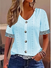 baratos Tops de Renda-Mulheres Camisa de renda Côr Sólida à moda Casual Estilo Praia Manga Curta Decote V Tops regulares Diário Renda Patchwork Botões Branco Azul Céu Verão