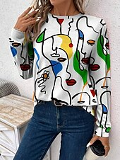 abordables T-shirt Art &amp; Design-Femmes T-shirt Graphique Abstrait ancien Élégant Classique manche longue Col ras du cou Hauts Réguliers Quotidien Week-end Imprimé Blanche Été