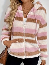 billige hettegenser jakke-Dame Fleece-jakke Hold Varm Glidelås Lomme Fritid Stribe utendørs Ferie Ut på byen Glidelås Normal Med hette Normal Langermet Yttertøy Rosa Vinter