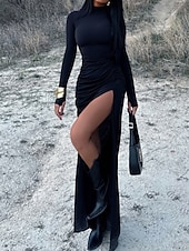 abordables Robe Simple-Femmes Robe Longue Maxi Robe Moulant Robe froncée Mode Classique Vacances Quotidien Fête Coupe régulière Uni manche longue Col roulé Noir Automne