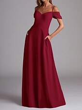 baratos Vestidos para Madrinhas-Vestido de Madrinha A-Line Alça Fina Manga Curta Elegante Comprimento Total Chiffon com Cor Sólida 2025