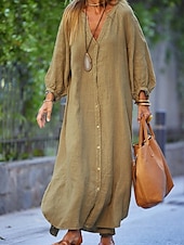 preiswerte Weißes Kleid-Damen Maxikleid A Linie Kleid Sommerkleid Lässig Täglich Normale Passform Einfach Langarm V Ausschnitt Schwarz Weiß Braun Grau Sommer