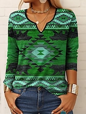 billige Boho t-skjorte-Dame T skjorte Grafisk Geometrisk Årgang Stilfull Klassisk Langermet Hals med hakk Vanlige topper Daglig Helg Trykt mønster Rød Blå Lilla Grønn Vår Høst