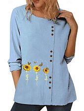 billige Skjorter-Dame Bluse Blomstret Grafisk Planter Elegant Årgang Mote Langermet Crew-hals Vanlige topper Daglig Ut på byen Helg Hvit Blå Mørkeblå Høst