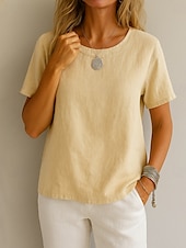 abordables Chemises-Femmes Chemise Haut en Coton Blanc Couleur Unie Élégant ancien Basique Manche Courte Col ras du cou Hauts Réguliers Quotidien Sortir Week-end Blanche Jaune Rose Claire Violet Vert Été Printemps
