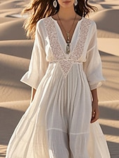 levne Boho šaty-Dámské Midi šaty Bílé šaty Boho šaty Westernové šaty Módní Moderní Venkovní Dovolená Víkend Běžný Bez vzoru Dlouhý rukáv Do V Bílá Léto