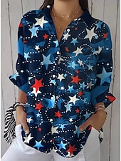 billige Uavhengighetsdag Topp-Kvinnes patriotisk skjorte grafisk flagg stjerne vintage tropisk daglig langermet skjorte krage regulære topper arbeid daglig knapper trykk hvit kongeblå blå himmelblå