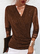 voordelige Dames eenvoudige tops-Dames Blouse Effen Kleur Stijlvol Casual Lange mouw V-hals Normale tops Dagelijks Netstof Lapwerk Zwart Rood Kameel Paars Bruin Zomer Lente