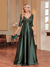 cheap BLACK-A-Line Quinceanera Dresses Elegant Dress Formal Wedding Floor Length Long Sleeve V Neck Polyester with Sequin