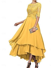 abordables Longueur du thé-Ligne A Robe de Mère de Mariée  Élégant Simple Col Bateau Asymétrique Polyester Demi Manches avec Couleur Unie 2025