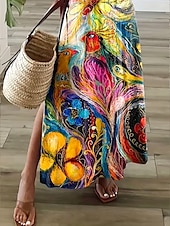 ieftine Rochie Artă și Design-Pentru femei Rochie Maxi Rochie casual Rochie de Vară Rochie A line Elegant Vacanță Casual Plajă Fit regulat Floral Grafic Abstract Manșon scurt În V Colourful Albastru piscină Mov Vară Primăvară