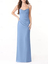 baratos Vestidos para Madrinhas-Vestido de dama de honra em corte A, decote em V / alças finas, sem mangas, elegante, longo, charmeuse com fenda frontal / franzido 2025