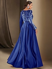 billiga BLÅ-Black Tie Sjöhästar  Trumpet Kvällsklänning Paljett Glittrande Klänning Formell Bröllop Golvlängd Lång Ärmar Båt Nacke Satin med Plisseringar