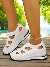 abordables Sandalias Deportivas-Sandalias deportivas blancas para mujer con diseño recortado, zapatos ligeros con cremallera para caminatas cómodas, viajes activos y recados diarios.