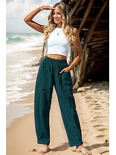 preiswerte Schlichte Hose aus Baumwollleinen-Damen Hose aus Baumwollleinen Basic Volle Länge Hohe Taille Einfach Tasche Komfort Außenbereich Mikroelastisch Urlaub Straße Lässig Schwarz Rosa Wein Marineblau Sommer Frühling Herbst Lässiger Schnitt