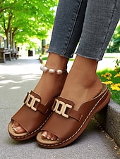 cheap Slide Sandals-Women's White Faux Leather Slide Sandals with Gold Buckle Casual Style for Garden Walks Vacation and Daily Errands