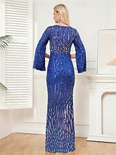 preiswerte BLAU-Meerjungfrau  Trompete Quinceanera Kleider Elegantes Kleid Formelles Hochzeitskleid Bodenlänge Langarm V-Ausschnitt Polyester mit Pailletten