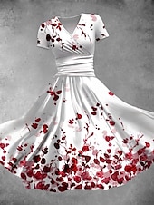 abordables Robe Fleurie-Femmes Robe Midi Robe fourreau Robe d&#039;été Élégant Vacances Occasionnel Coupe régulière Fleuri Graphique Manche Courte Col en V Rouge Bleu Bleu clair Été Printemps
